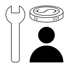 Wrench, coin with currency icon, and user symbol show themes of labor, finance, user focus. Ideal for technology, repair, investment workforce economy customer service. Simple flat metaphor