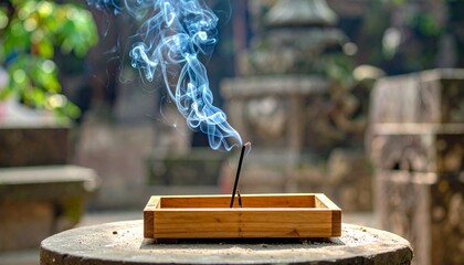 Obraz premium Wisps of Blue Smoke Rise from Burning Incense Stick in Wooden Holder Outdoors