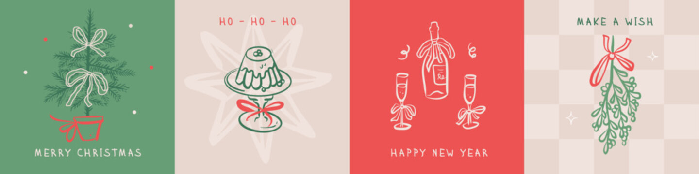 Hand drawn coquette square cards set. Vintage cute covers xmas elements with ribbon and bow in simple crayon and sketch style. Trendy art for Christmas party invitations. Doodle vector illustration
