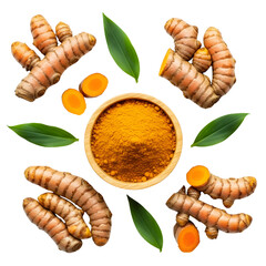 Overhead shot of turmeric roots, powder, and leaves isolated on transparent background, showcasing vibrant color and texture