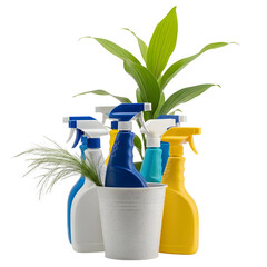 Cleaning spray bottles with plant isolated on transparent background, showcasing ecofriendly cleaning solutions and freshness