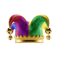 Colorful jester hat with golden bells isolated on transparent background festive headwear for carnival or party