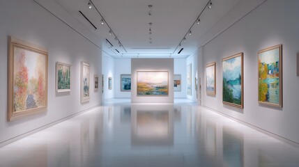 Art gallery with paintings hanging on the walls and shiny floor.