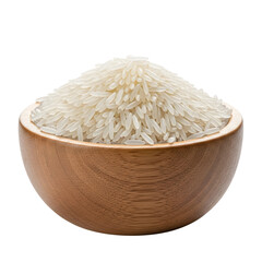 A wooden bowl full of uncooked basmati rice isolated on transparent background, ready to be cooked and served