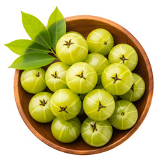 Top view of fresh indian gooseberries in a wooden bowl isolated on transparent background, healthy fruit concept