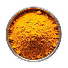 Overhead shot of vibrant turmeric powder in a silver bowl isolated on transparent background, a culinary spice