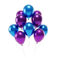 A bunch of shiny blue and purple balloons isolated on transparent background for party decoration and celebration