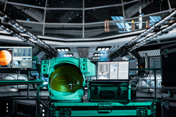 Close up of space helmet next to laptop in spaceship displaying mission analytics panel with flight metrics. Astronaut gear next to notebook screen showing spacecraft performance data © DC Studio