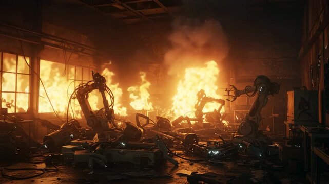 Robotics Lab Fire in Orange Glow, Industrial Ruin