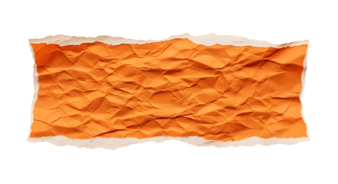 A crumpled strip of vibrant orange paper with torn, ragged edges isolated on a clean white background.
