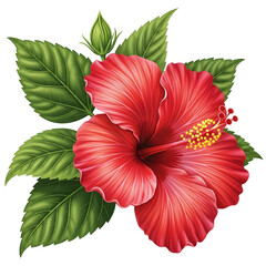 Vibrant red hibiscus flower with lush green leaves isolated on transparent background, showcasing tropical beauty and detail