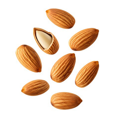 Closeup of almonds isolated on transparent background, showcasing their texture and natural brown color, healthy snack