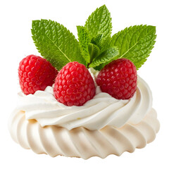 Delicious mini pavlova dessert with fresh raspberries and mint leaves isolated on transparent background