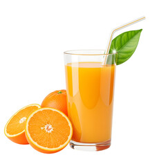 Freshly squeezed orange juice in a glass with a straw and leaf isolated on transparent background healthy drink