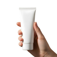 Hand holding a blank white cosmetic tube isolated on transparent background, ready for branding and mockup