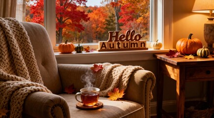 A cozy indoor picture with the text of Hello Autumn and autumn decorations by a window. luxury living room. Green tea on sofa, Pumpkin on table and falling leaves. Seasonal Greeting welcoming Autumn.