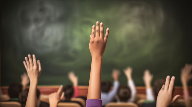 Students raising hands in front of a blurred blackboard in a school classroom. Back to school 