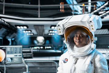 Portrait of cosmonaut preparing for planetary mission outside, seeking extraterrestrial life. Woman in orbital station begins landing procedures on solar system planet to advance scientific knowledge