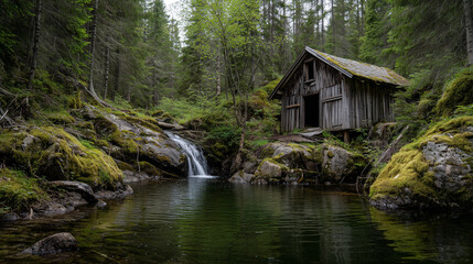 Obraz premium Forest Waterfall with Rustic Cabin and Greenery