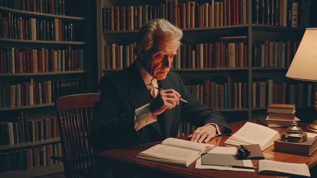 An elderly man writes in a dimly lit library, captured from a side angle. The vintage style adds a cinematic feel, reminiscent of a classic video scene.