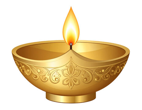 Decorative brass diya with engraved floral motifs and burning wick