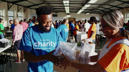 High-angle video shot of diverse volunteers in a warehouse, packing boxes for charity. Bright lighting highlights teamwork and community spirit. - Powered by Adobe