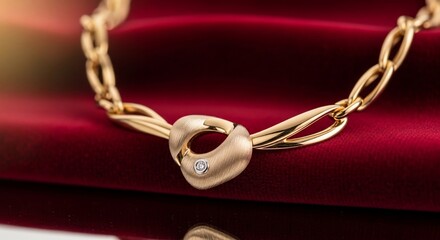 Fototapeta premium Gold Jewelry Necklace on a red Velvet: An exquisite necklace glistens, draped elegantly over the soft red velvet, capturing the essence of luxury and romance.