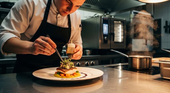 Culinary Precision: A dedicated chef delicately garnishes a gourmet dish in a professional kitchen, showcasing the art of culinary expertise. 