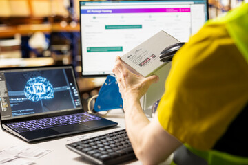 Close up of worker scanning awb labels using AI-generated virtual help for the package tracking software, streamline inventory management and update order details. AI metaverse.