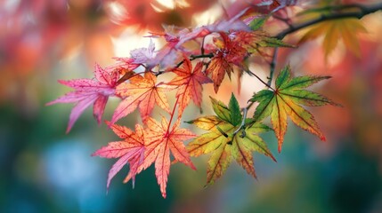 Colorful Japanese maple branch with vibrant red, orange, and green autumn leaves