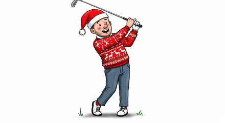 Boy playing golf in a festive Christmas sweater and Santa hat on a white background
