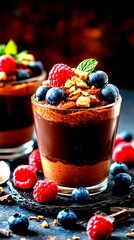Delicious chocolate dessert topped with fresh berries and nuts served in elegant glassware - High Contrast