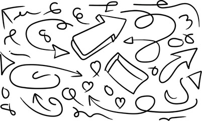 Hand drawn arrows and shapes in black outline doodle style