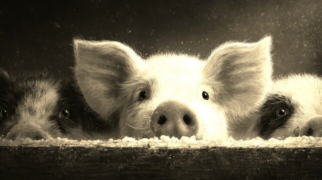 Three pigs curiously peeking over a feeding trough in a farmyard setting during daylight hours