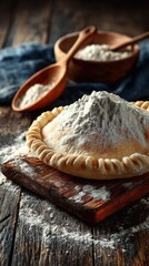 Flour piled high on freshly made dough resting on a rustic wooden surface in a cozy kitchen setting