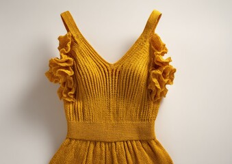 Close-up of a mustard yellow knit dress with ruffled sleeves