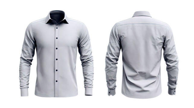 Transparent Png of a Classic White Long sleeved Dress Shirt, Front and Back Views, for Formal or Business Attire, Professional Garment