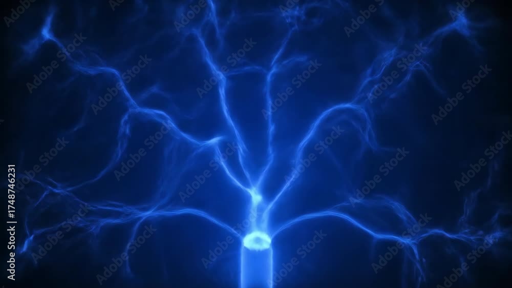 Poster seamlessly looping video of a glowing neon blue plasma field with intricate moving patterns backgrou