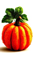 Round orange pumpkin with droplets of water on its surface and green leaf, showcasing autumn harvest details - High Contrast
