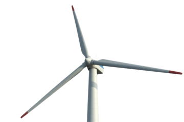 Low-angle close-up of a wind turbine's three blades against a transparent background. background removed