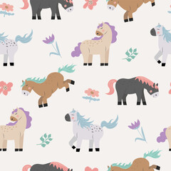 Playful seamless horse pattern in hand-drawn doodle style with charming ponies and soft crayon texture. Perfect for kids textiles, nursery decor, wrapping paper, stationery, and cute gift designs.