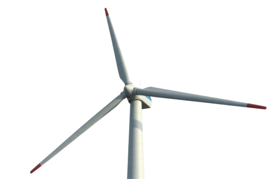 Low-angle close-up of a wind turbine's three blades against a transparent background. background removed