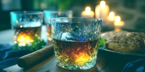 evening gathering with whiskey, cigar, and cookies in a cozy setting