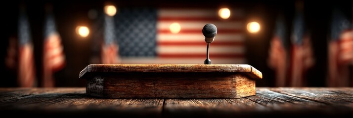 Public speaking podium with microphone ready for event in front of American flags and lighting at an indoor venue