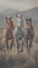Majestic horses galloping through a golden meadow during sunset in the serene countryside - Low Contrast