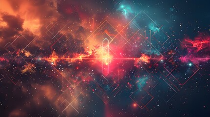 Vibrant cosmic nebula interwoven with glowing geometric lines represents digital connection and the future of technology.