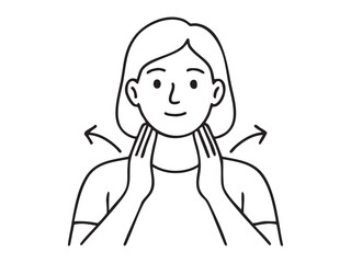 Black and white illustration of woman practicing neck massage with arrow directions, isolated on white background. concept of relaxation, self-care, wellness, muscle relief, health routine