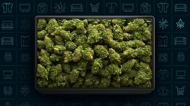 Fresh green cannabis buds tightly packed in a display box, viewed from above on a dark background with subtle icon elements.