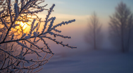 Obraz premium Hoarfrost Sunrise: Winter's Cold Beauty in Golden Morning MistAtmospheric and picturesque close-up of delicate tree branches heavily coated with sparkling white hoarfrost