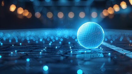 Glowing digital globe rests on illuminated keyboard keys representing global network connectivity and futuristic technology.